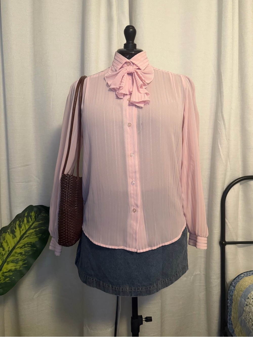 Vintage 70s 80s Sheer Pink Pinstripe Secretary Blouse